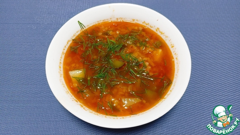 Постный суп с чечевицей и огурцами